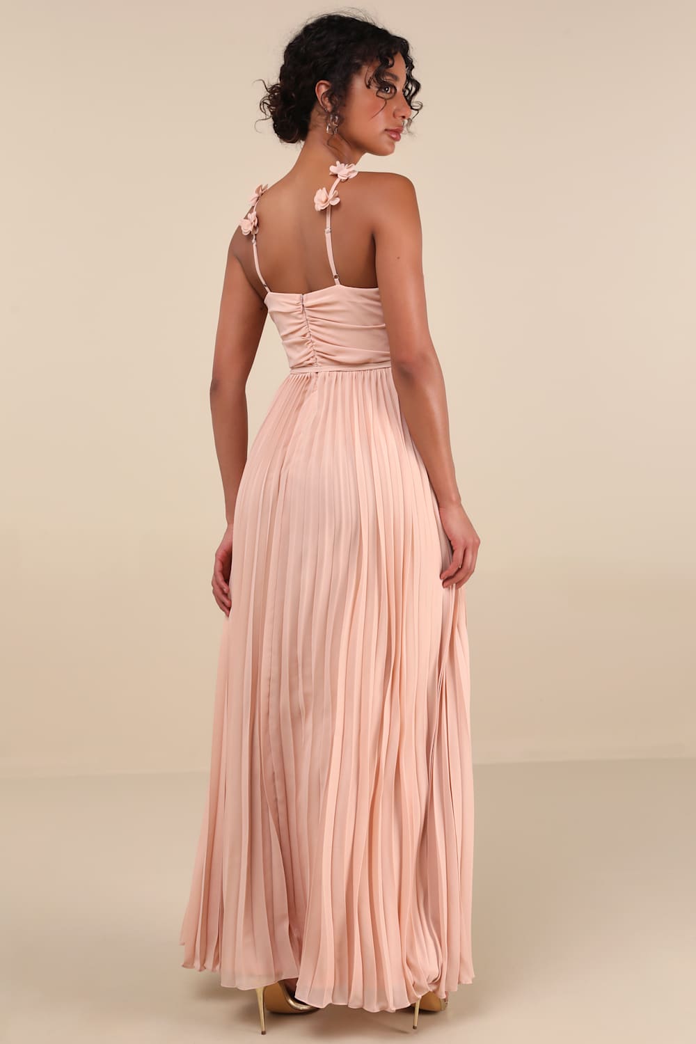 Hera Blush Pleated Floral Applique Maxi Dress