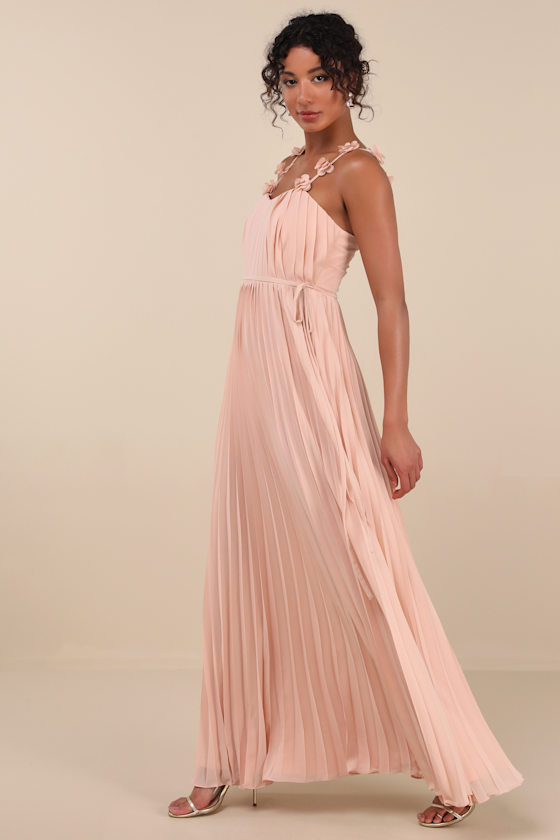 Lulus Hera Blush Pleated Floral Applique Maxi Dress In Multi