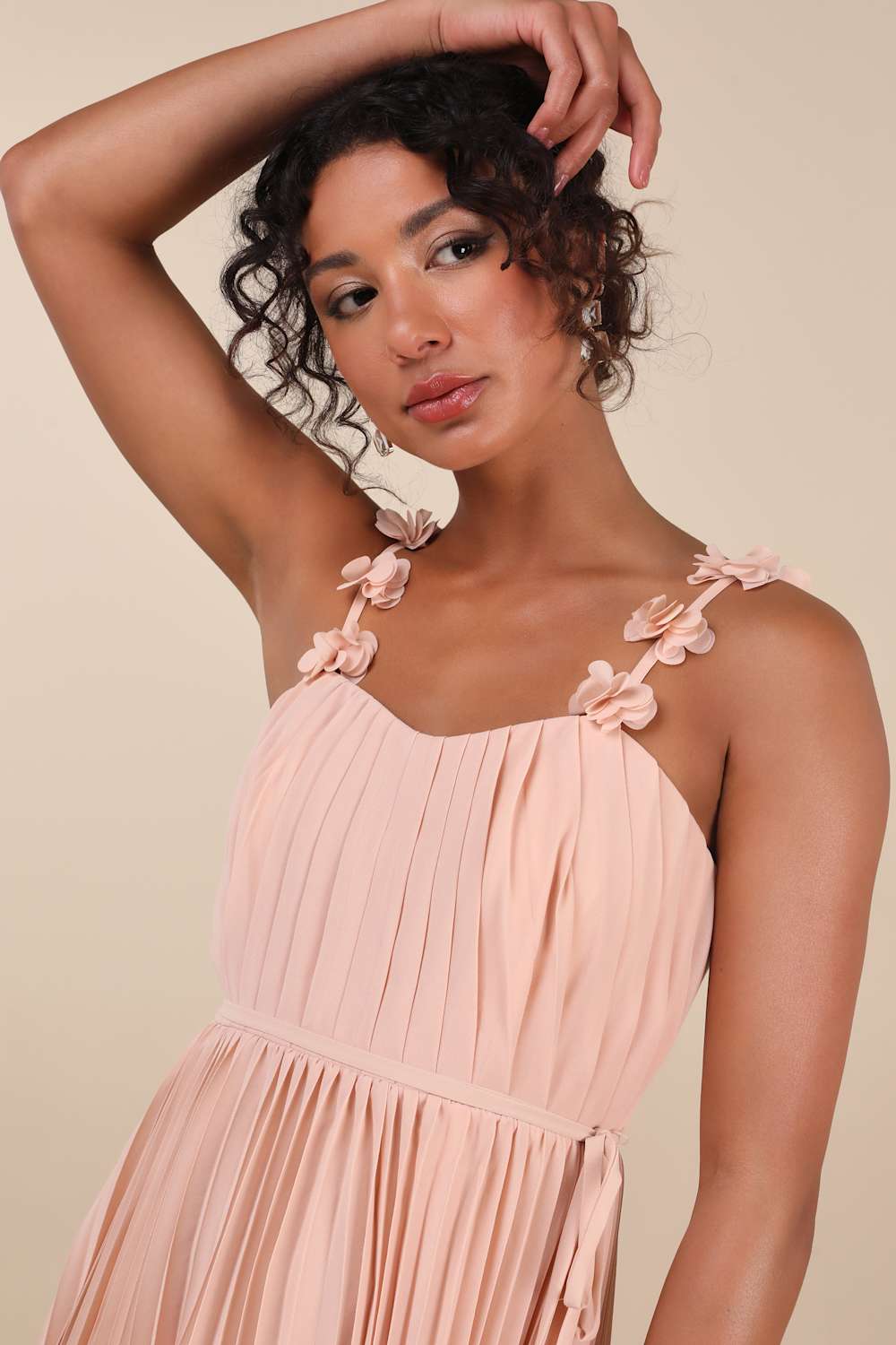 Hera Blush Pleated Floral Applique Maxi Dress