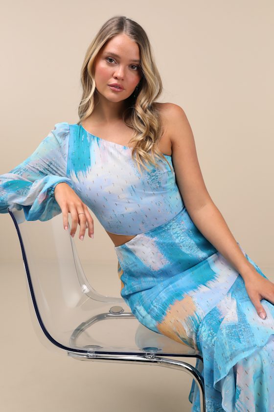 Faria Blue Multi Abstract Metallic Clip Dot Midi Dress 1