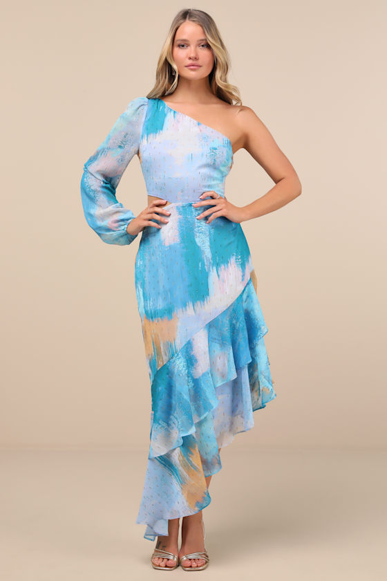 Faria Blue Multi Abstract Metallic Clip Dot Midi Dress
