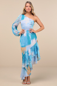 Faria Blue Multi Abstract Metallic Clip Dot Midi Dress 2