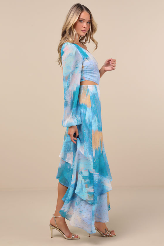 Shop Lulus Faria Blue Multi Abstract Metallic Clip Dot Midi Dress