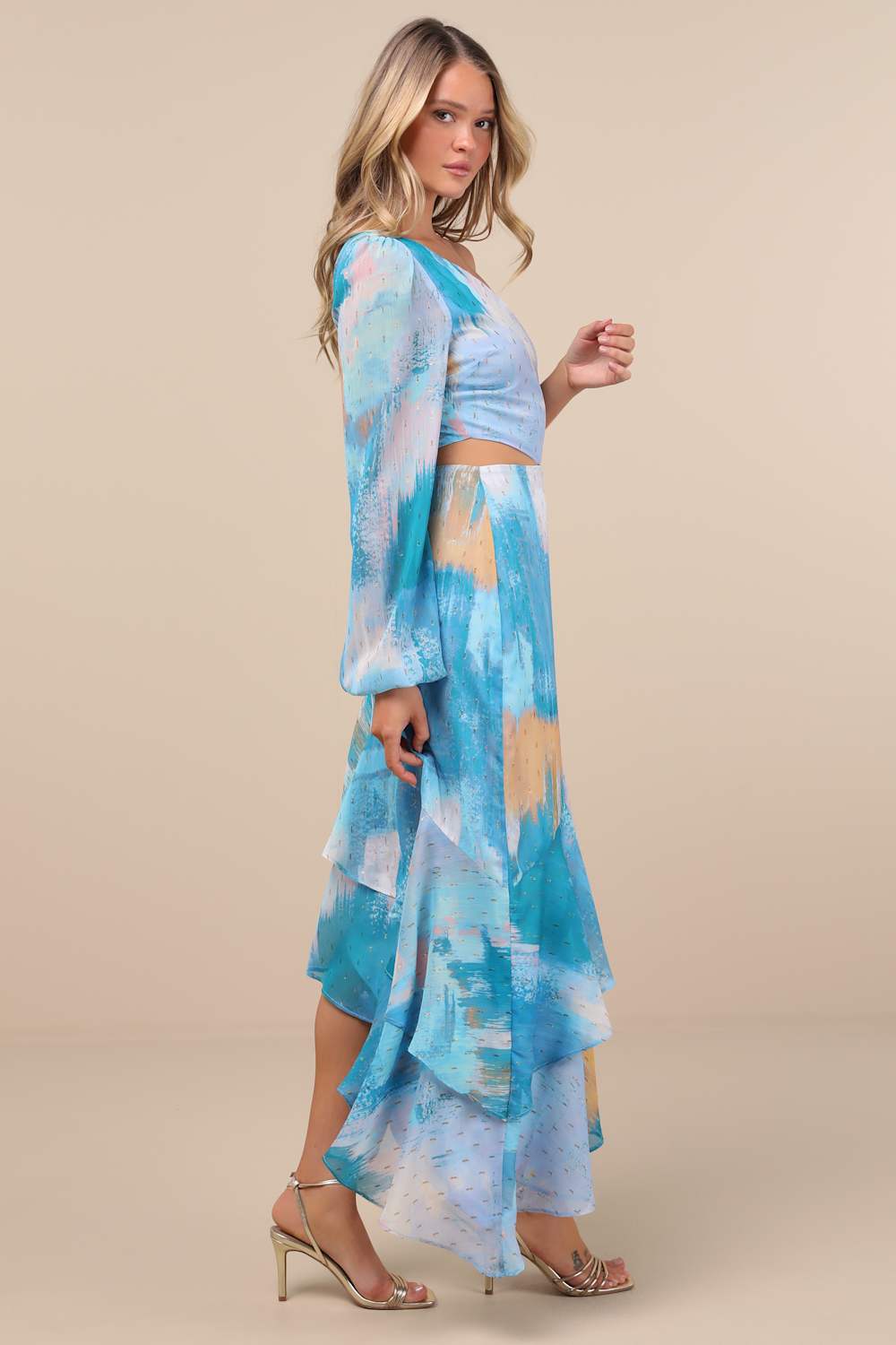 Faria Blue Multi Abstract Metallic Clip Dot Midi Dress