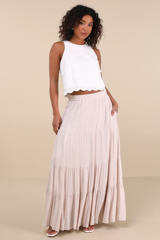 Lulus Sunset By The Sea Light Beige Embroidered Tiered Maxi Skirt