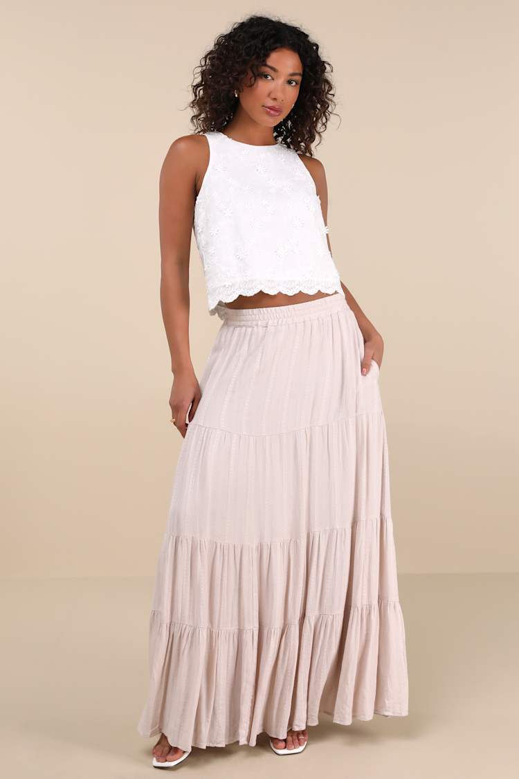 Sunset by the Sea Light Beige Embroidered Tiered Maxi Skirt