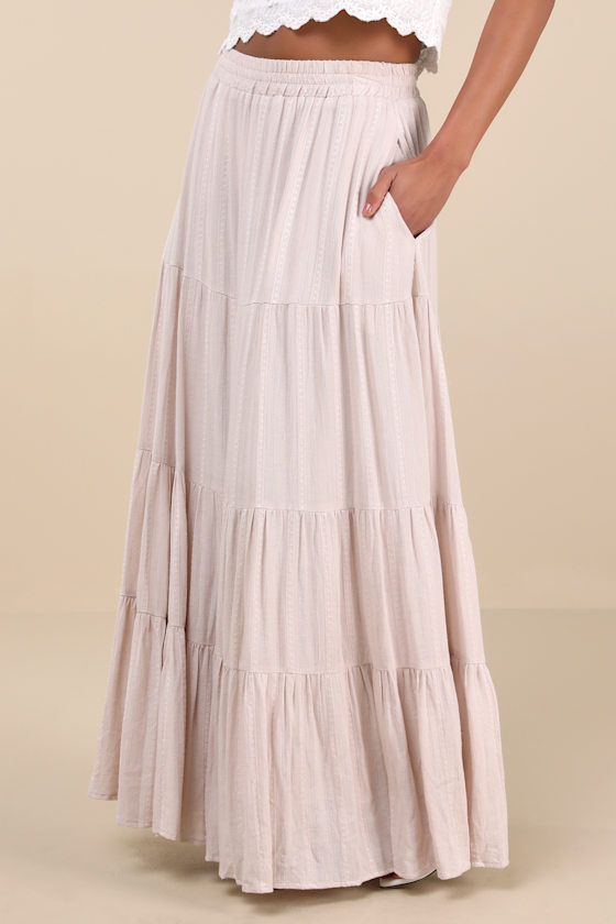 Lulus Sunset By The Sea Light Beige Embroidered Tiered Maxi Skirt