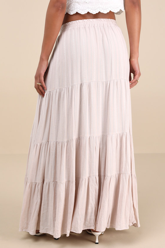 Lulus Sunset By The Sea Light Beige Embroidered Tiered Maxi Skirt