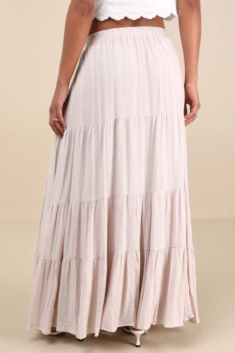 Sunset by the Sea Light Beige Embroidered Tiered Maxi Skirt