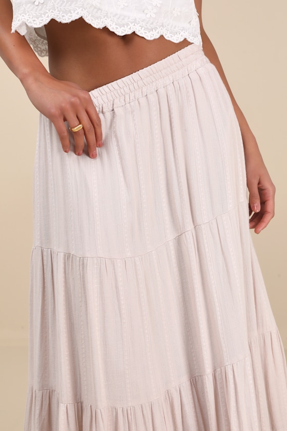 Lulus Sunset By The Sea Light Beige Embroidered Tiered Maxi Skirt