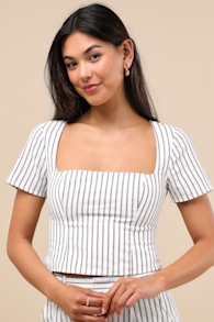 Danai White and Slate Striped Short Sleeve Crop Top 1