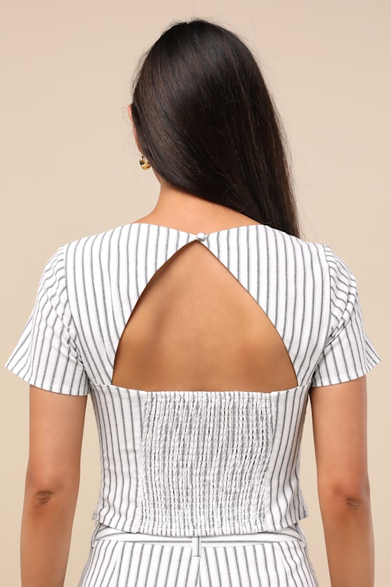 Lulus Danai White And Slate Striped Short Sleeve Crop Top