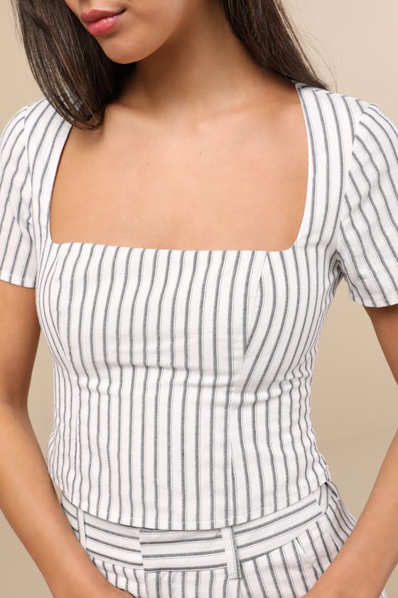 Lulus Danai White And Slate Striped Short Sleeve Crop Top