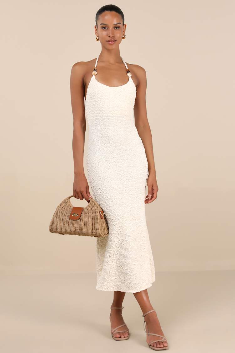 Meike Cream Textured Knit Beaded Halter Midi Dress