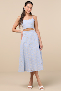 Sweet At Heart Blue Floral Embroidered Two-Piece Midi Dress