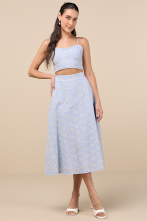 Sweet At Heart Blue Floral Embroidered Two-Piece Midi Dress