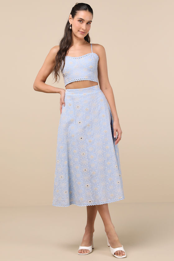 Blue Floral Midi Dress - Two-Piece Dress - Embroidered Dress - Lulus