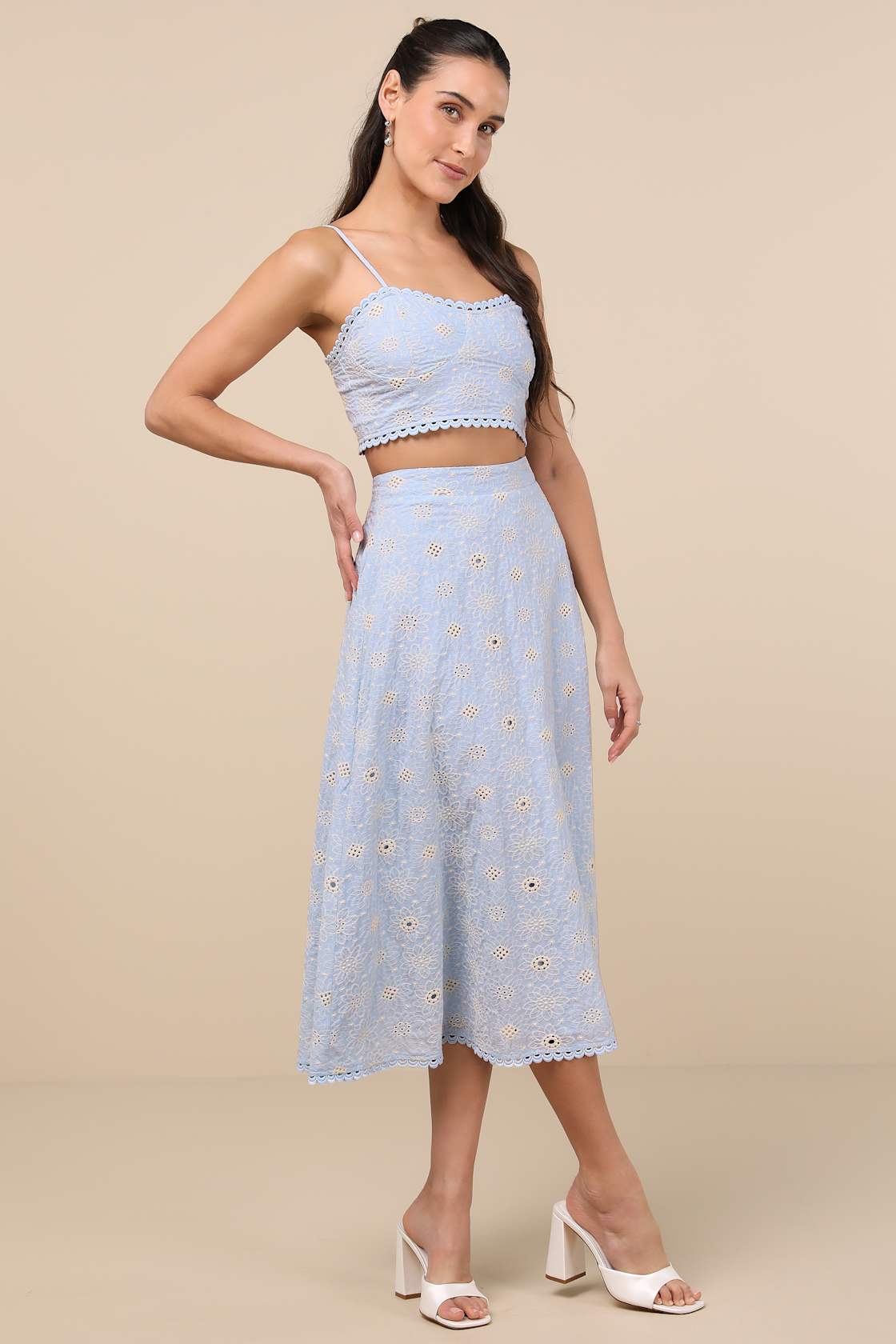 Sweet At Heart Blue Floral Embroidered Two-Piece Midi Dress
