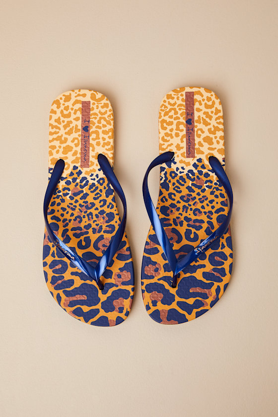 Animal Print Yellow and Pearly Blue VI Fem Flip Flops 1