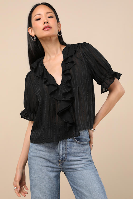 Lulus Dania Black Striped Ruffled Short Sleeve Top In Animal Print