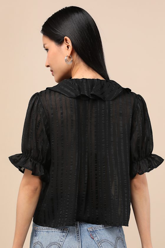 Lulus Dania Black Striped Ruffled Short Sleeve Top In Animal Print