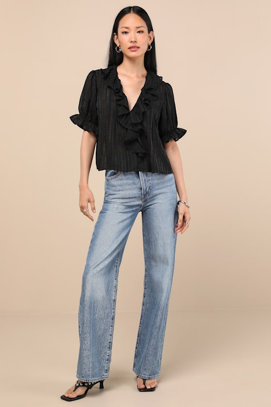 Lulus Dania Black Striped Ruffled Short Sleeve Top In Animal Print