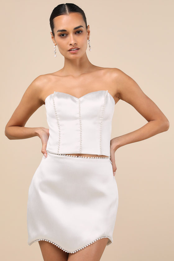 Megan White Satin Pearl Mini Skirt 1