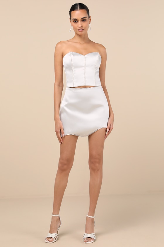 Lulus Megan White Satin Pearl Mini Skirt