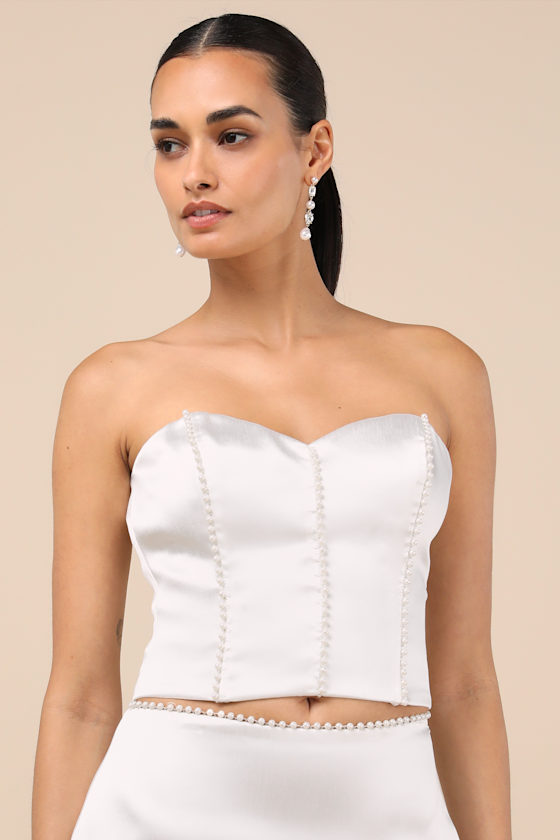 Megan White Satin Pearl Strapless Crop Top 1