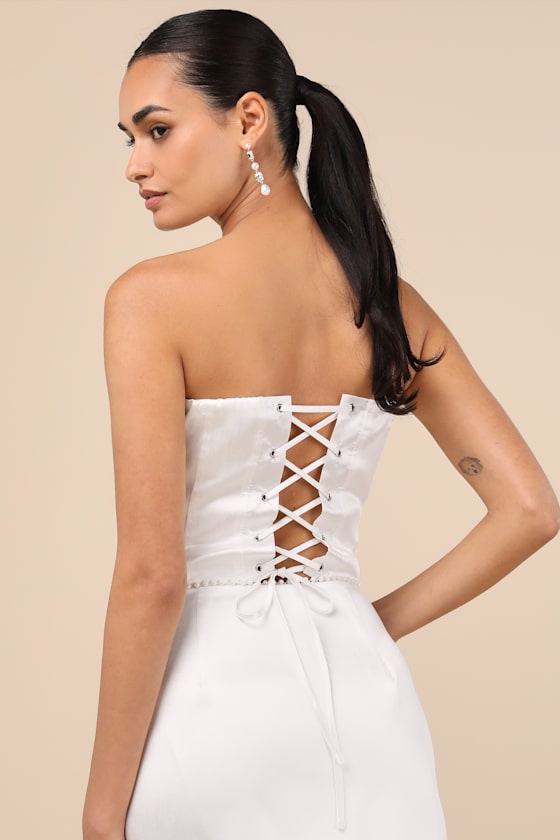 Megan White Satin Pearl Strapless Crop Top 2