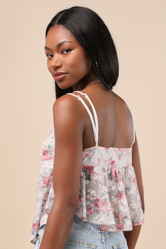 Lulus Alinor Ivory And Pink Floral Sheer Babydoll Tank Top
