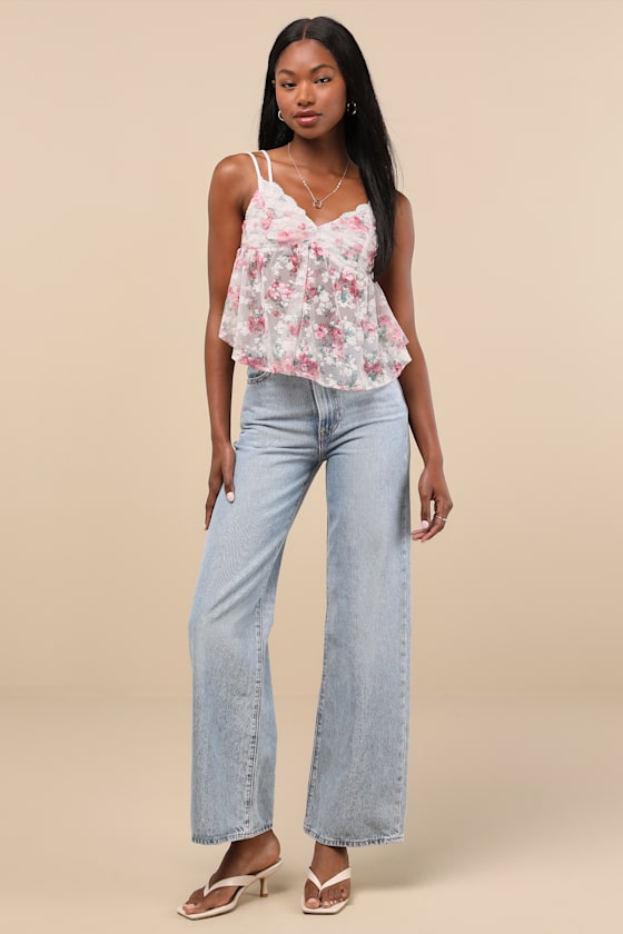 Lulus Alinor Ivory And Pink Floral Sheer Babydoll Tank Top