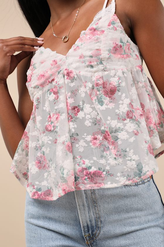 Lulus Alinor Ivory And Pink Floral Sheer Babydoll Tank Top