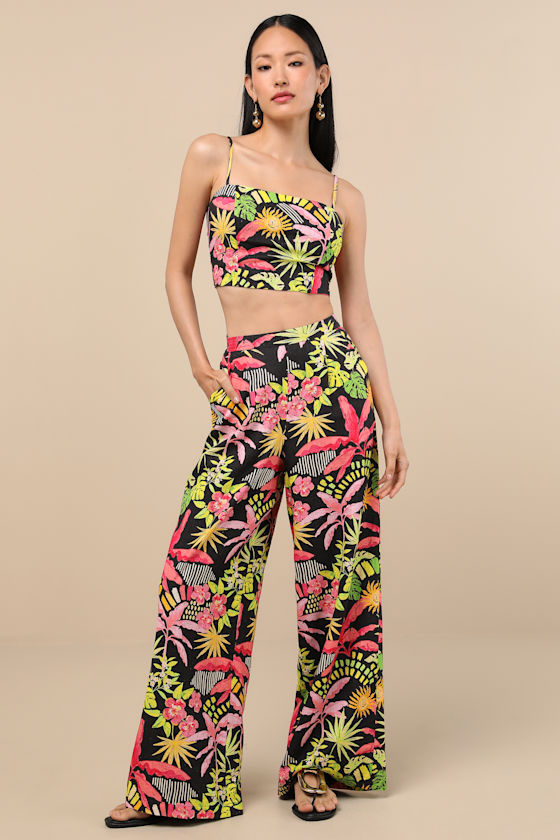 Lulus Matira Black Multi Tropical Print Wide-leg