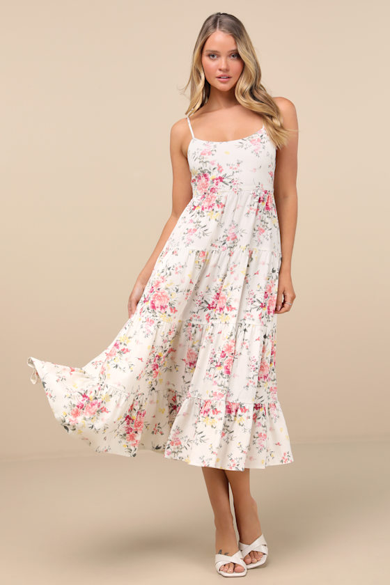 Lulus Mykonos Mood Pink And Ivory Floral Tie-strap Tiered Midi Dress