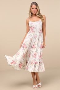 Mykonos Mood Pink and Ivory Floral Tie-Strap Tiered Midi Dress 1