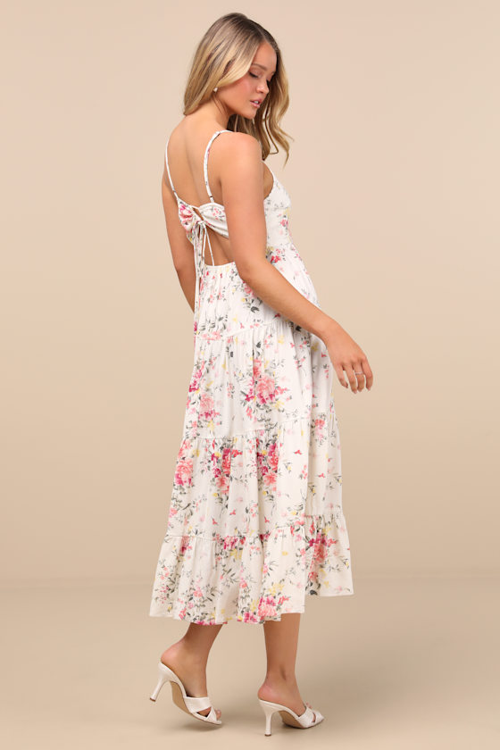 Lulus Mykonos Mood Pink And Ivory Floral Tie-strap Tiered Midi Dress