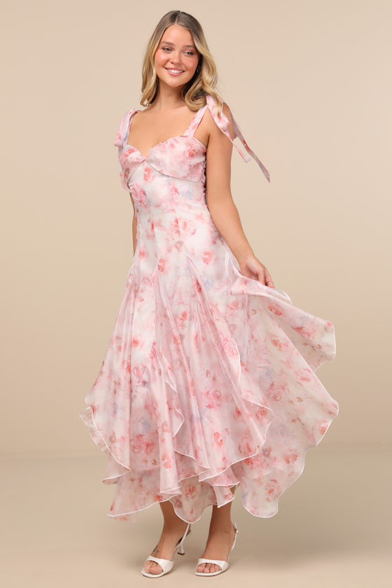 Lulus Cliona Blush Pink Floral Pleated Tie-strap Maxi Dress