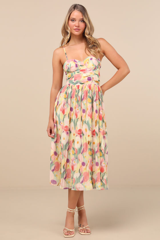 Lulus Aleyna Yellow Abstract Pleated Lace-up Bustier Midi Dress