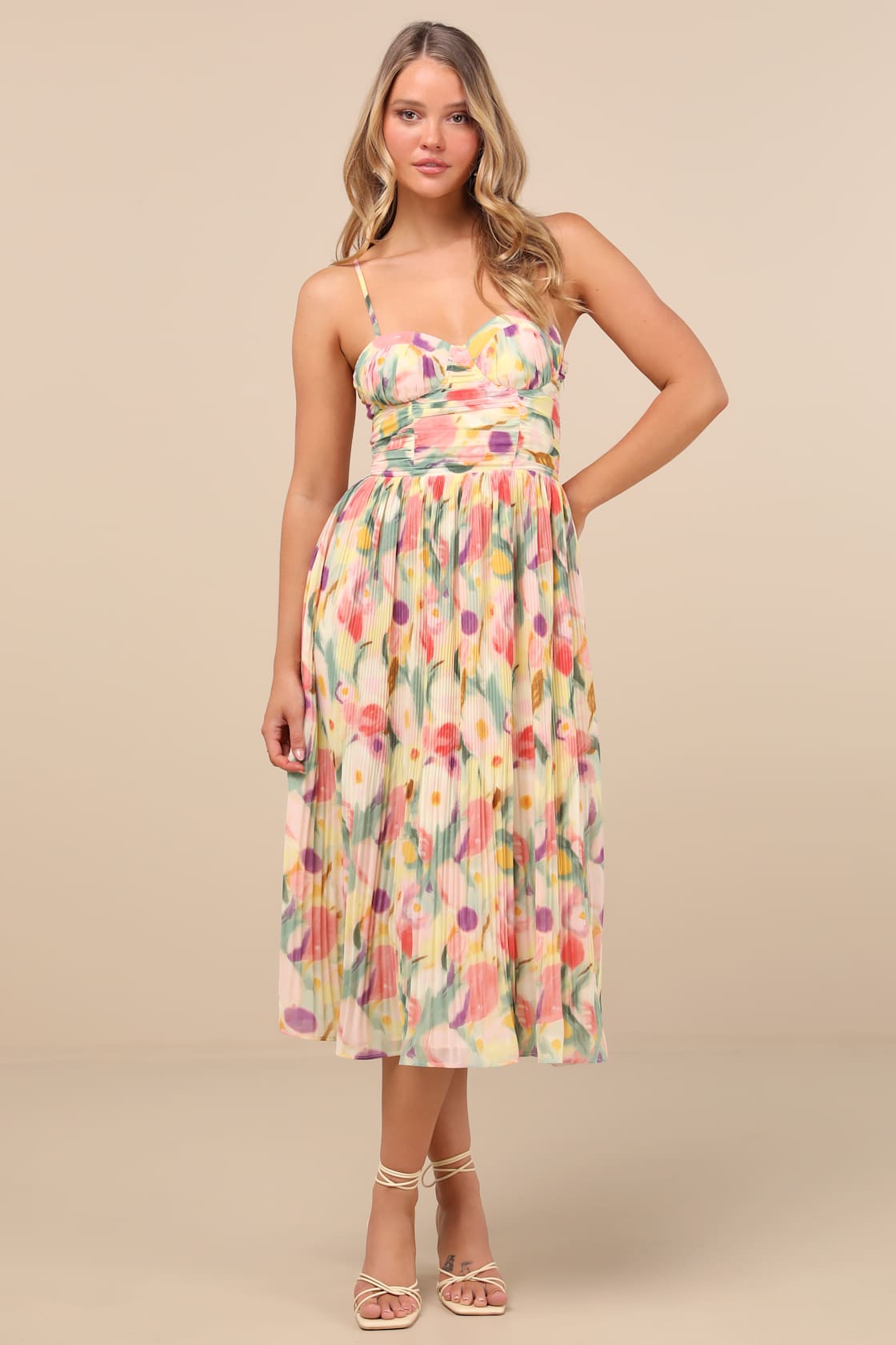 Aleyna Yellow Abstract Pleated Lace-Up Bustier Midi Dress