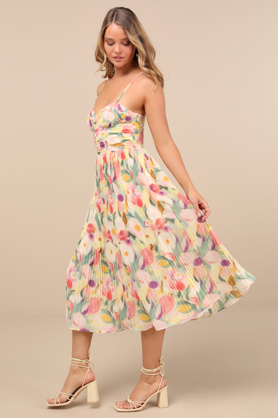 Lulus Aleyna Yellow Abstract Pleated Lace-up Bustier Midi Dress
