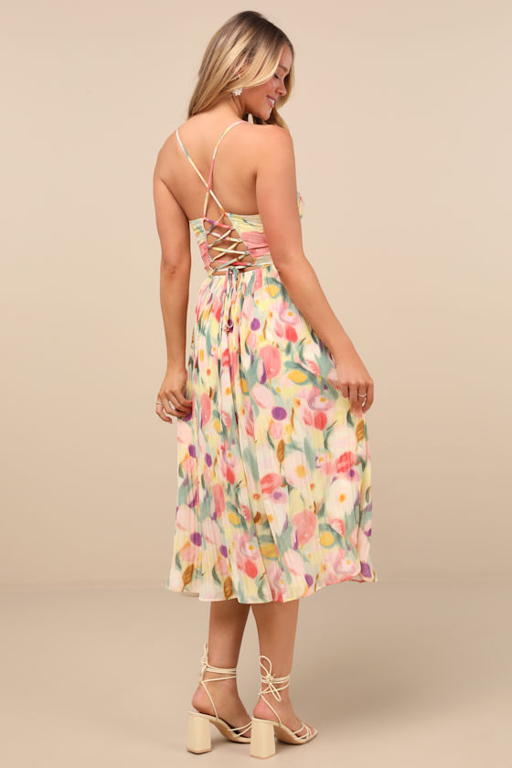 Lulus Aleyna Yellow Abstract Pleated Lace-up Bustier Midi Dress