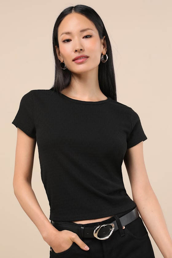 Lulus Essential Trend Black Pointelle Knit Short Sleeve Top