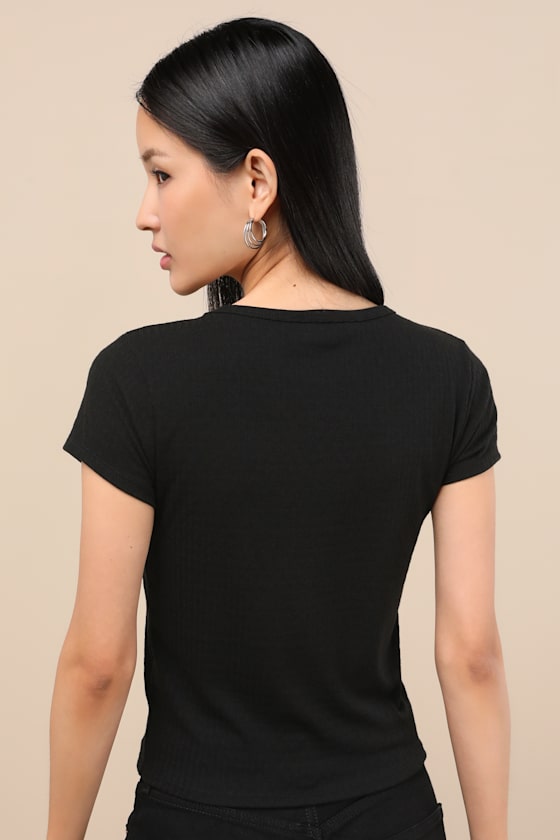 Lulus Essential Trend Black Pointelle Knit Short Sleeve Top