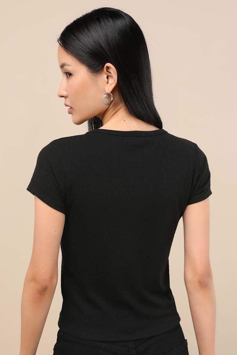 Essential Trend Black Pointelle Knit Short Sleeve Top