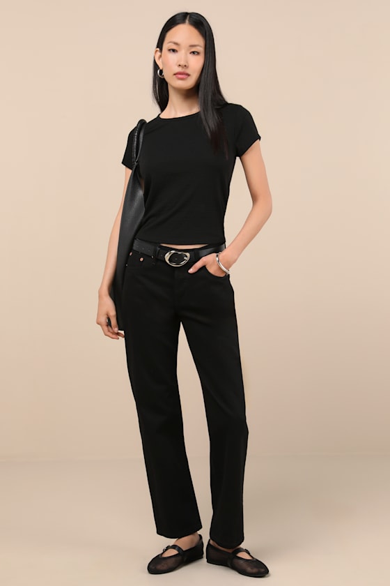 Lulus Essential Trend Black Pointelle Knit Short Sleeve Top
