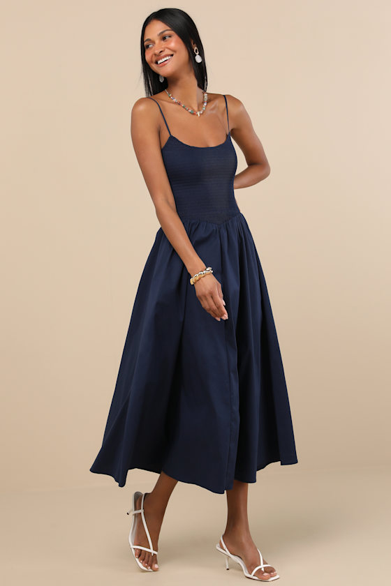 Lulus Tandria Navy Smocked Sleeveless Midi Dress