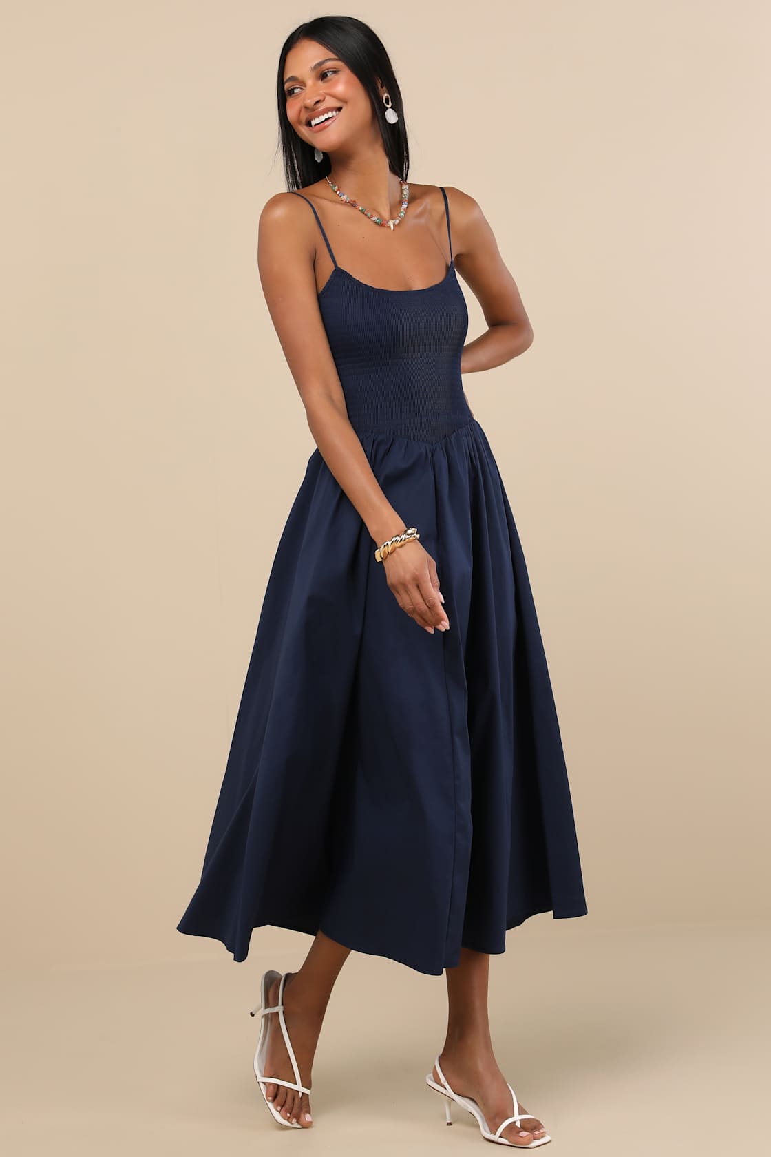 Tandria Navy Smocked Sleeveless Midi Dress
