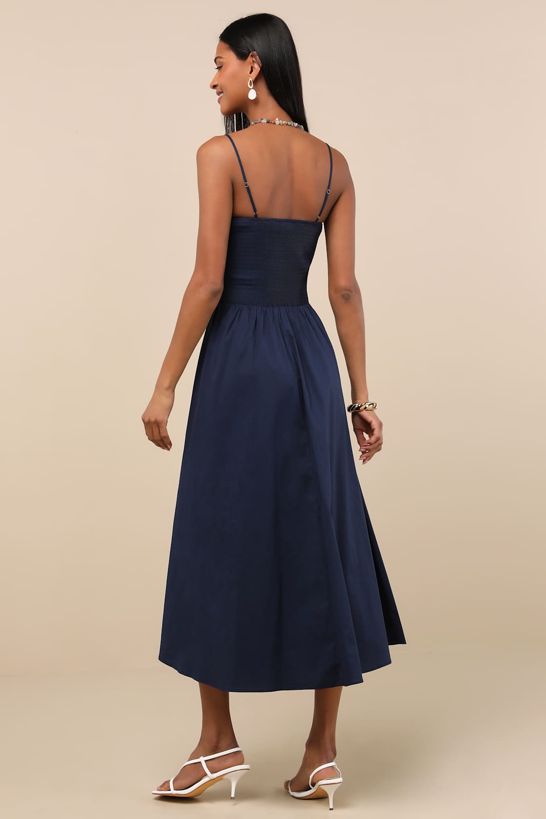 Tandria Navy Smocked Sleeveless Midi Dress