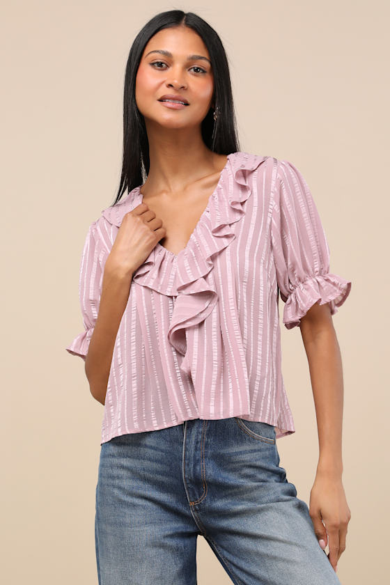 Lulus Dania Mauve Striped Ruffled Short Sleeve Top